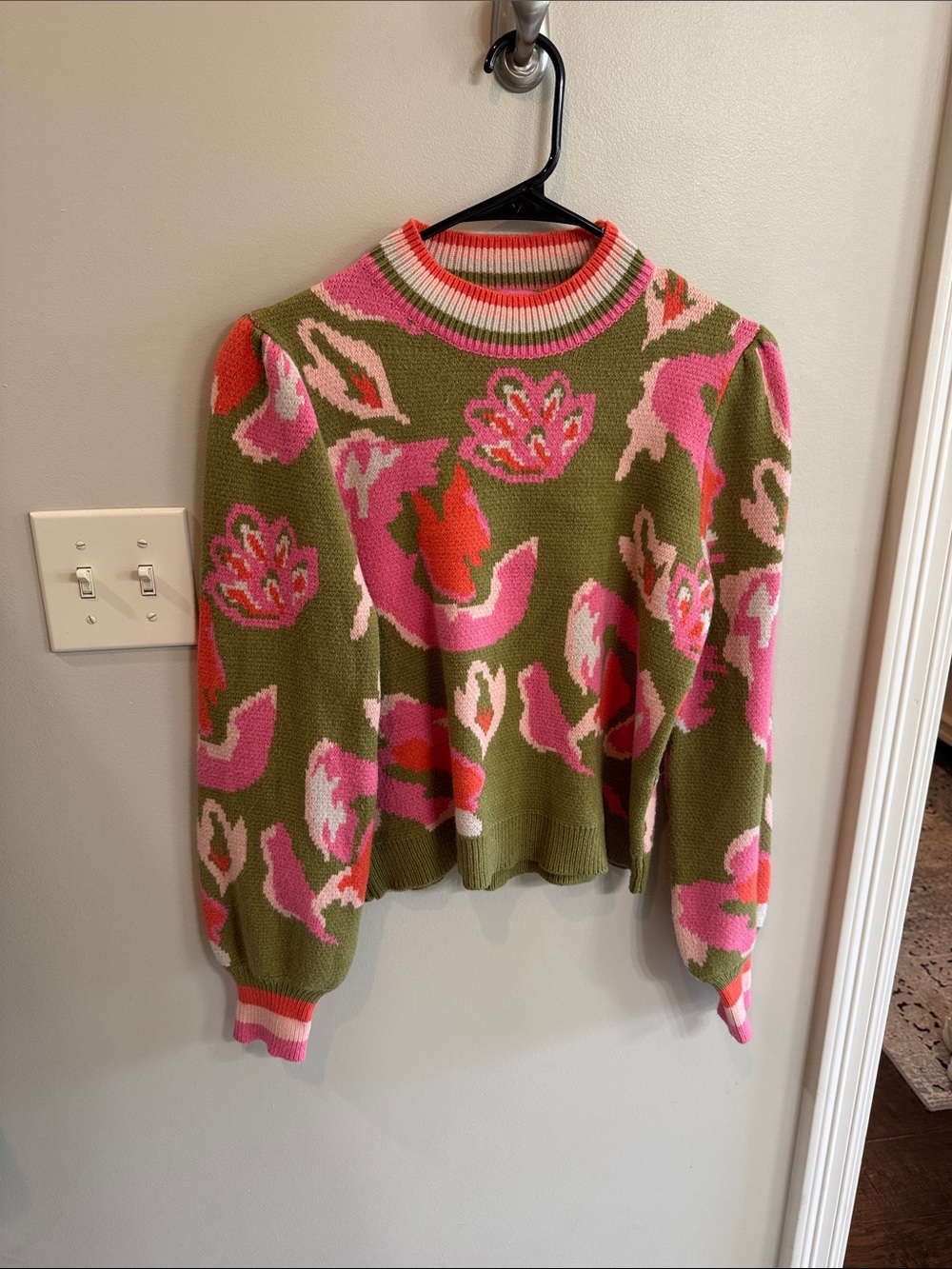 THML Olive Green Sweater with Pink & Coral Floral Pattern